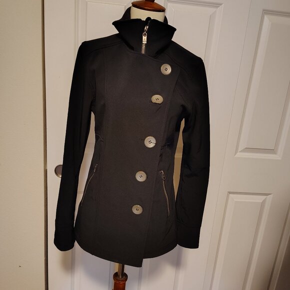 PrAna Asymmetrical Button Front Black Pea coat Soft Shell Jacket Water Repellant - Picture 1 of 15